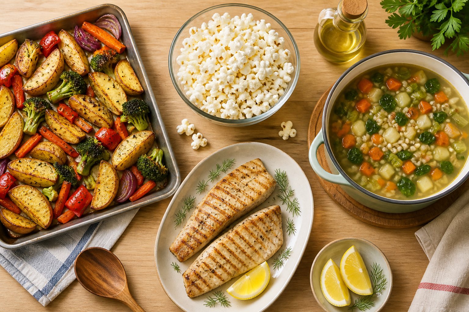 Roasted potato wedges, grilled fish, air-popped popcorn, soup, and vegetables arranged on a kitchen table