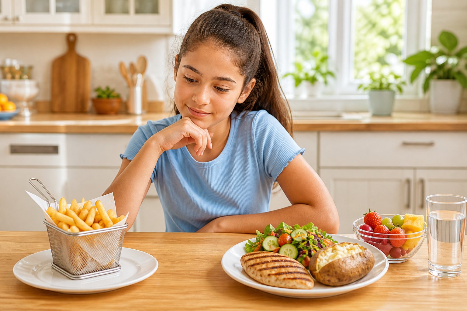 A student choosing a balanced lunch with baked potato, grilled chicken, salad, fruit, and water instead of a basket of fries