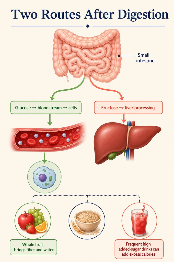 Annotated diagram showing glucose entering the bloodstream and fructose being processed by the liver