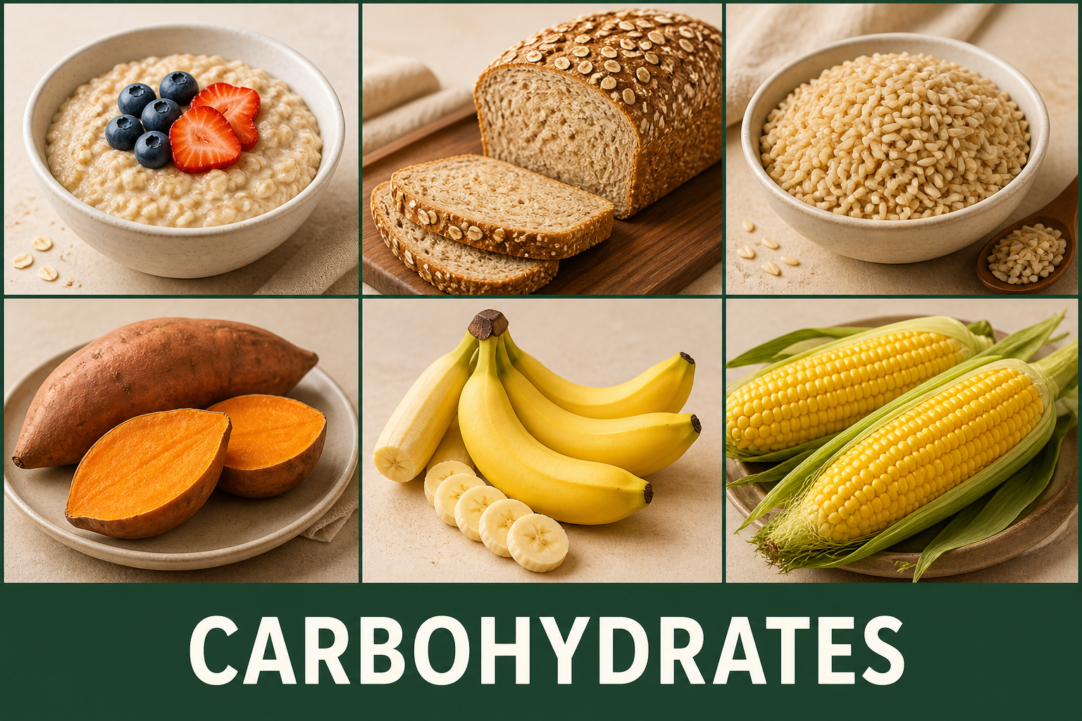 Oatmeal, whole-grain bread, brown rice, sweet potato, banana, and corn, all sources of carbohydrates