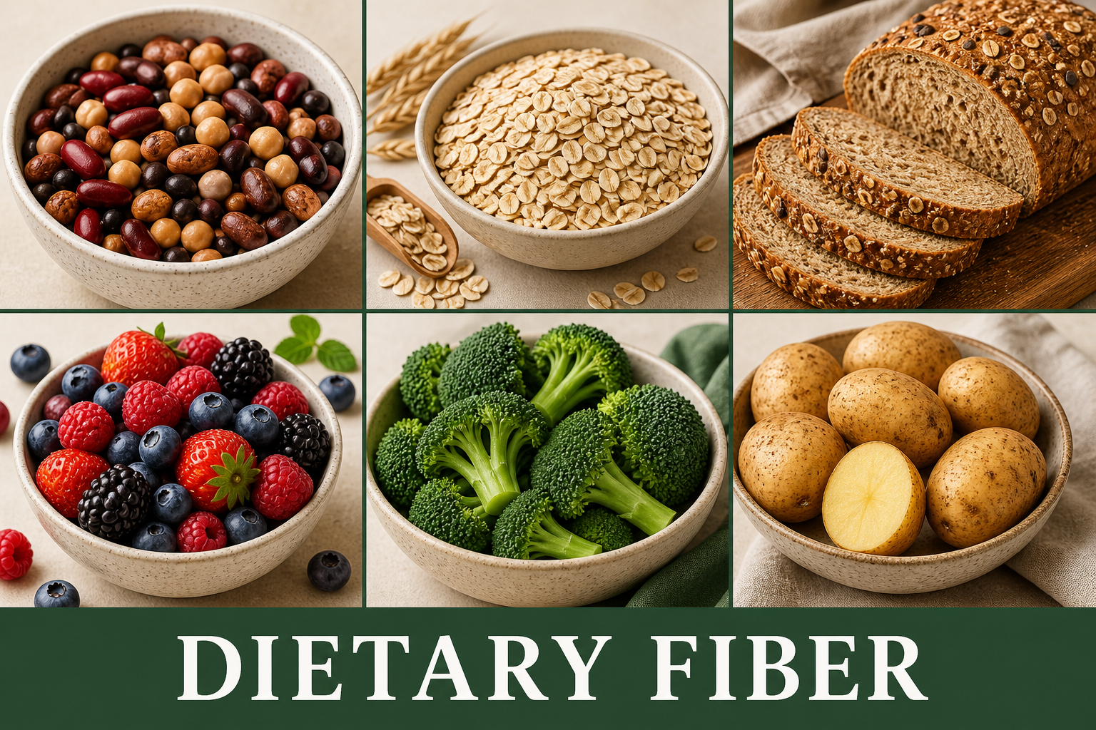 Beans, lentils, oats, whole-grain bread, fruit, vegetables, nuts, seeds, and a skin-on potato, all sources of dietary fiber