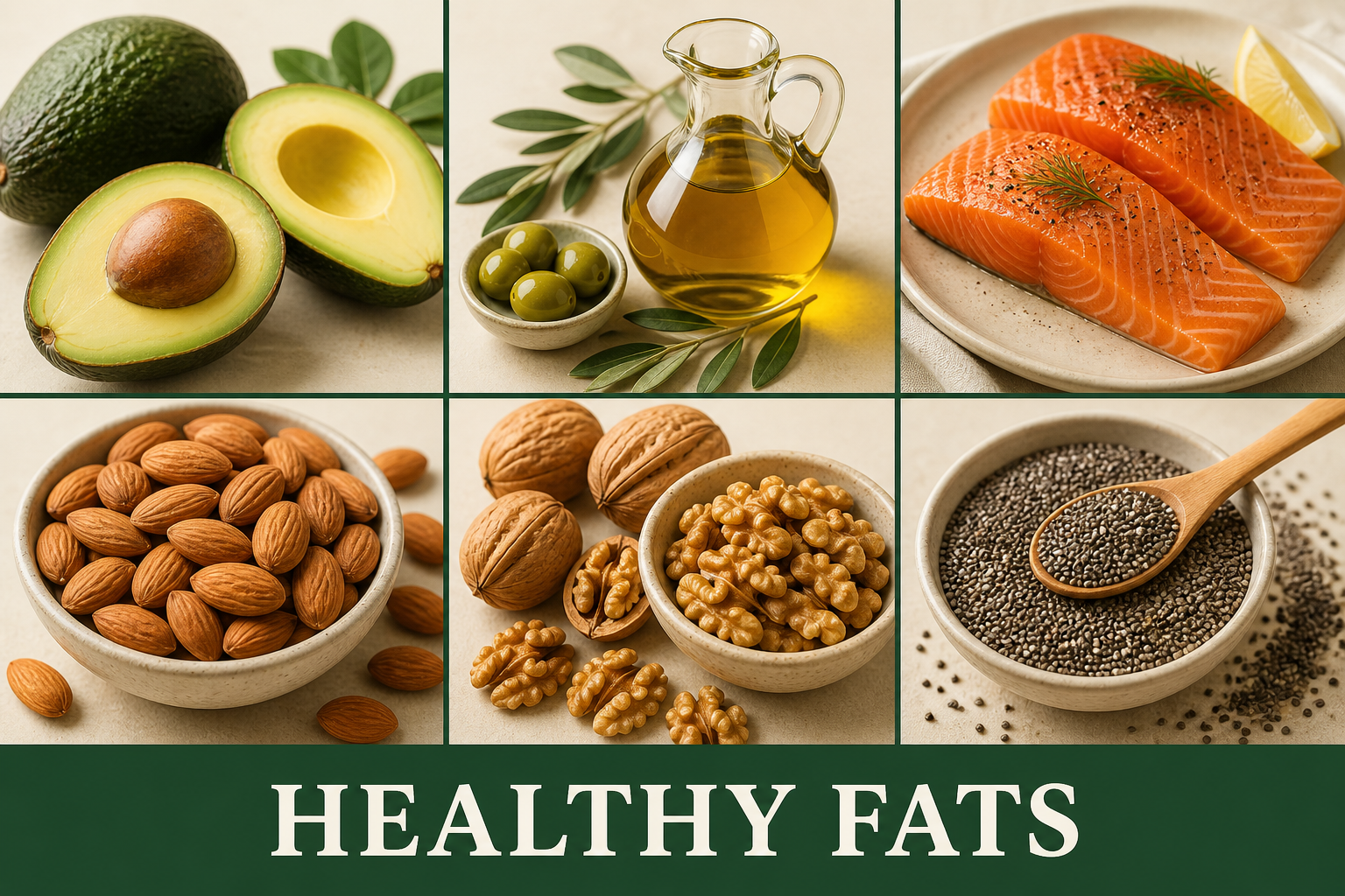 Avocado, olive oil, salmon, almonds, walnuts, chia seeds, pumpkin seeds, and olives, all sources of healthy fats