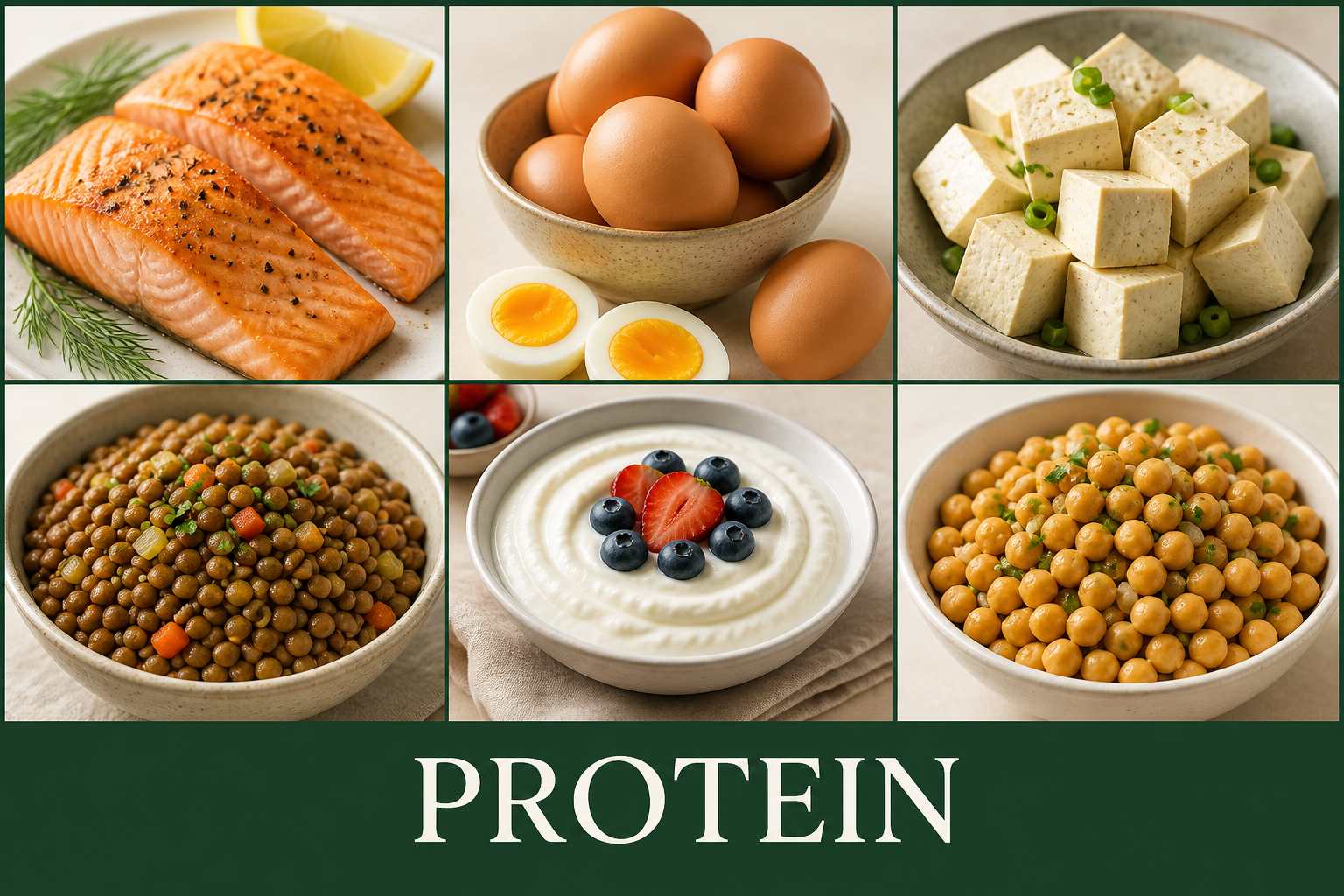 Salmon, eggs, tofu, lentils, yogurt, chickpeas, and almonds, all sources of protein