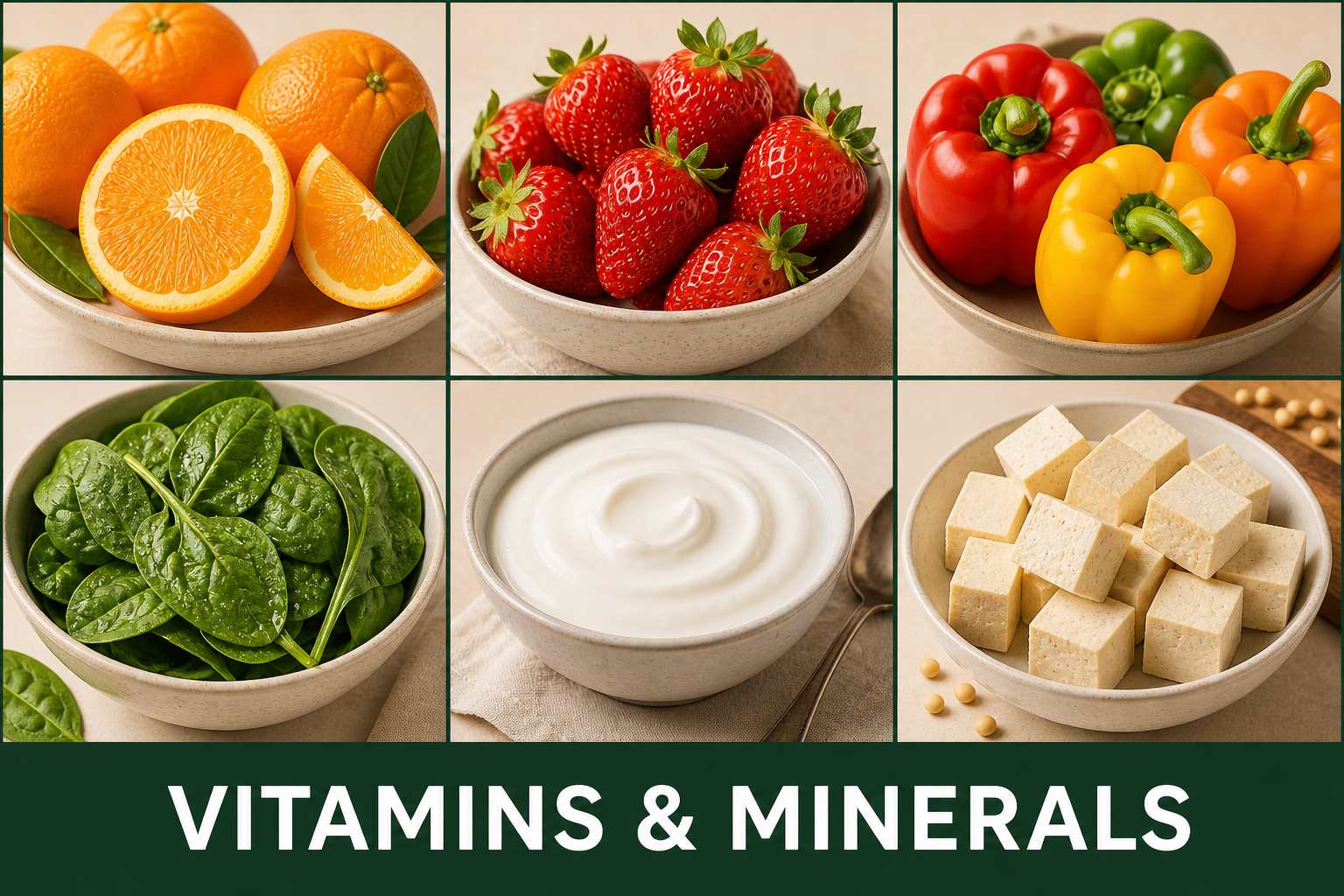 Colorful fruit, vegetables, yogurt, tofu, and sardines representing foods rich in vitamins and minerals