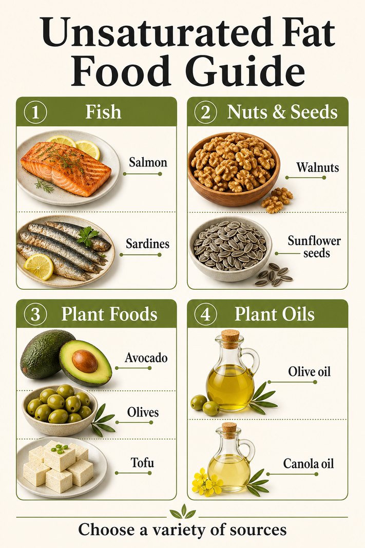 An organized food guide with groups of fish, nuts and seeds, avocado and tofu, olives, and liquid plant oils