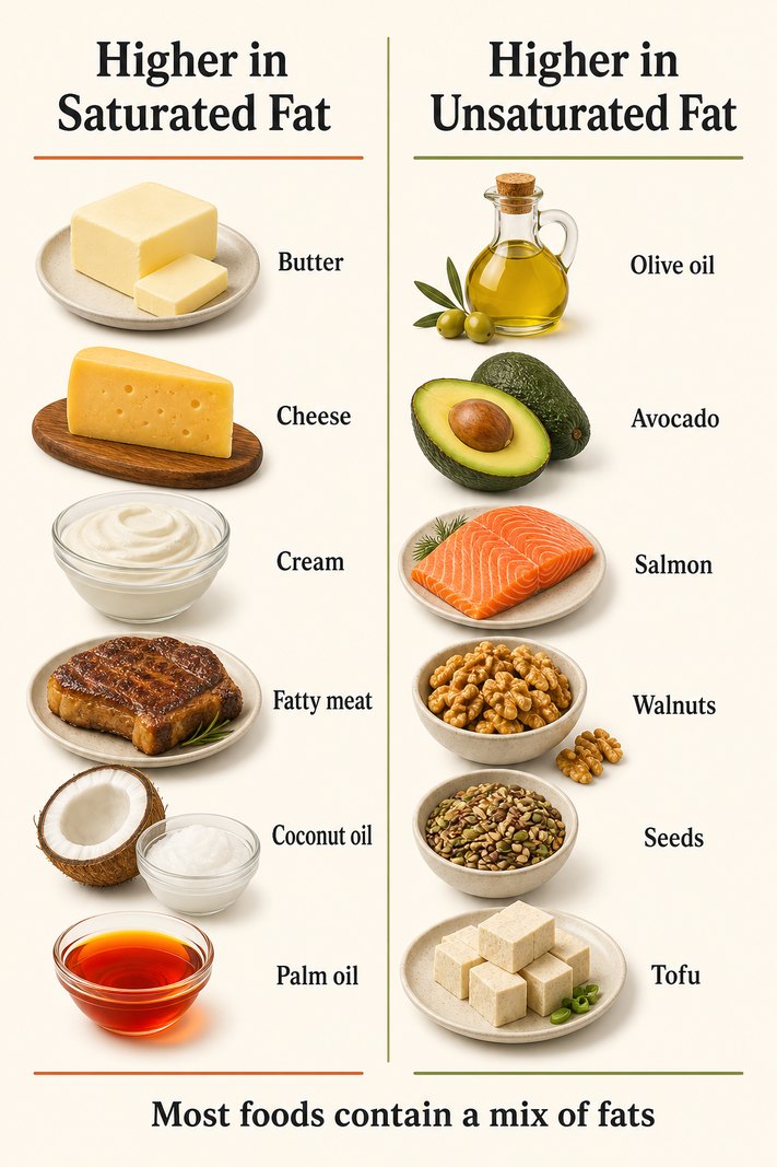Two food columns: butter, cheese, dairy, steak, coconut, and palm fruit on the left; olive oil, avocado, salmon, walnuts, seeds, tofu, and olives on the right
